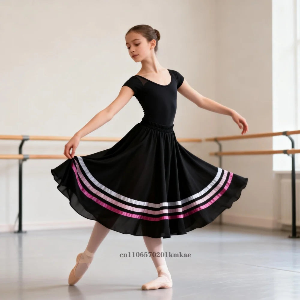 Spanish Traditional Flamenco Dance Skirts Girls Chiffon Elastic Waist Full Circle Ribbons Skirt Large Swing Performing Skirts
