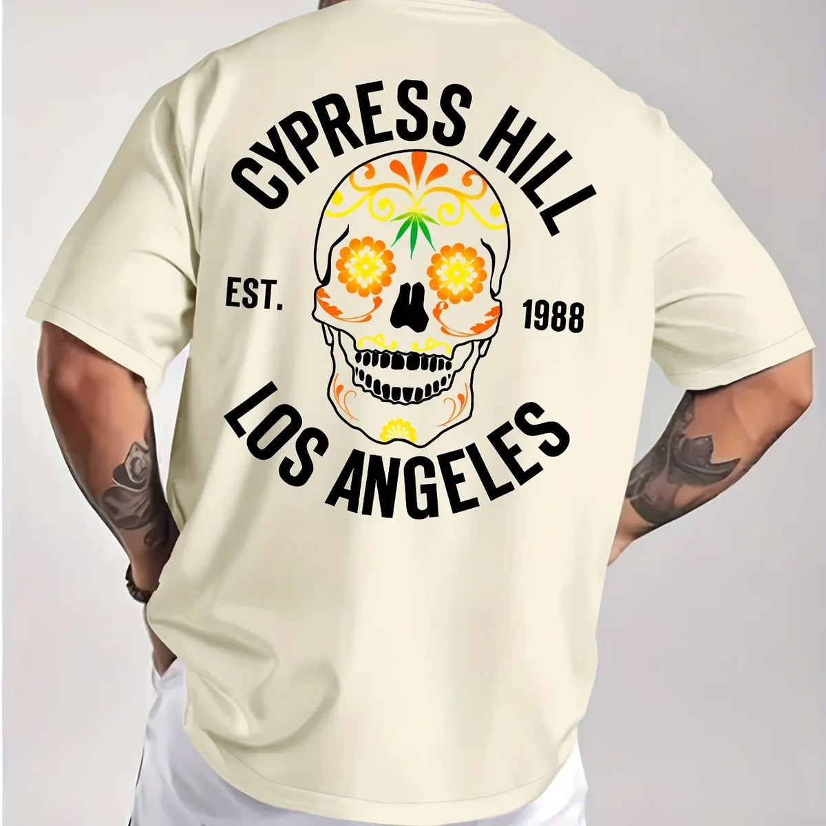 Los Angeles 1988 Sugar Skull Pattern Men's Pure Cotton T-shirt Hip Hop Street Top