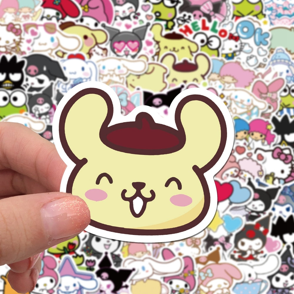 50/100pcs Mixed Cartoon Sanrio Stickers Cute Hello Kitty Cinnamoroll Kuromi My Melody Waterproof Sticker Decals for Kids Toys