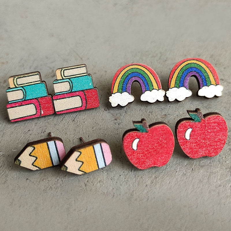 Cute Pencil Letter Cartoon Wood Earrings For Women Leopard Apple Rainbow Round Wood Teacher Student Grade Earring School Jewelry