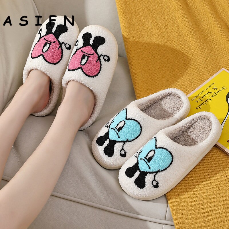 ASIFN Winter Home Warm Women Slippers House Girl Fur Cute Bad Bunny Love Cushion Slides Bedroom Ladies Cotton Female Plush Shoes