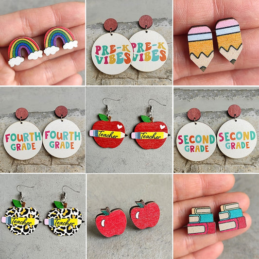 Cute Pencil Letter Cartoon Wood Earrings For Women Leopard Apple Rainbow Round Wood Teacher Student Grade Earring School Jewelry