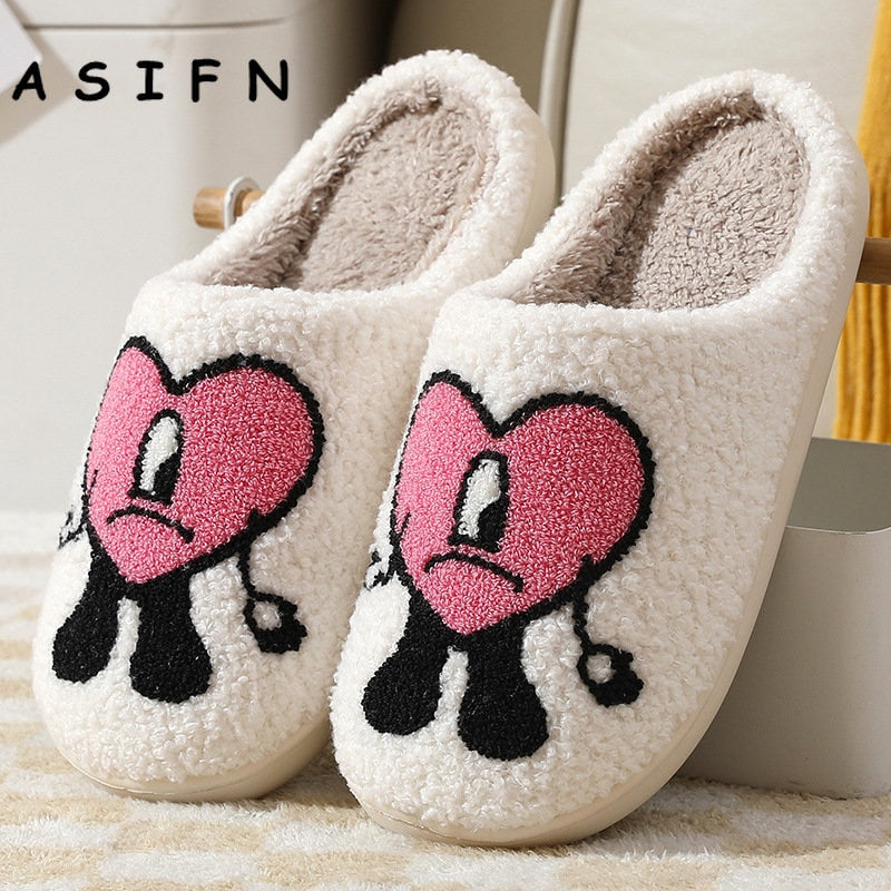 ASIFN Winter Home Warm Women Slippers House Girl Fur Cute Bad Bunny Love Cushion Slides Bedroom Ladies Cotton Female Plush Shoes